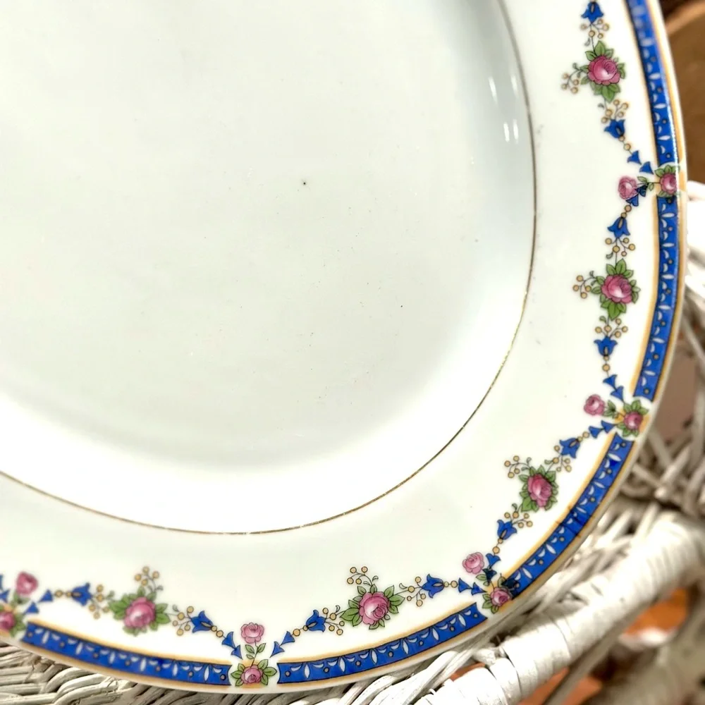 Bavarian Blue & Pink Cabbage Rose Garland Porcelain Platter